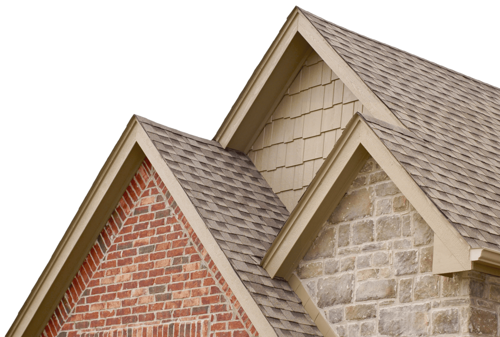 House roof with brick and stone accents.